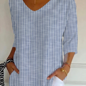 Women Striped Three Quarter Sleeve Tee T-shirt V Neck Printing Casual Graphic Tee Spring/Fall Top, JustFashionNow T-Shirts, color:Blue|size:5XL