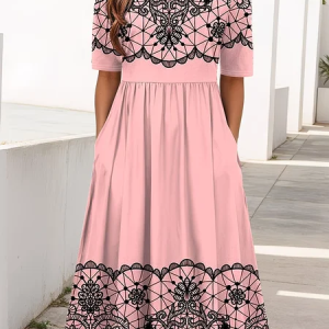 Women Floral Short Sleeve Crew Neck Printing Dress Daily Casual Maxi Shift Dress H-Line Summer Dress, JustFashionNow Casual Dresses, color:Pink|size:4XL