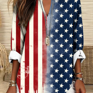 Independence Day V Neck Long Sleeve America Flag Printing Loose Blouse For Women, Blouses, color:As Picture|size:5XL, catalog Noracora shop
