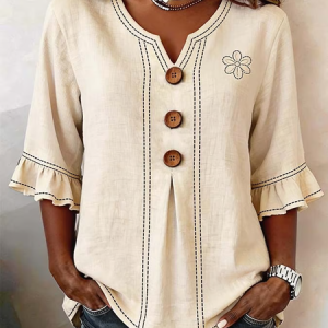 Women Floral V Neck Half Sleeve Blouse Printing Vintage Daily Summer Top, JustFashionNow Blouses, color:Apricot|size:5XL