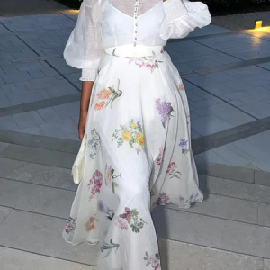 Vacation Floral Balloon Sleeve Printing Stand Collar Maxi Dress No Belt, Maxi Dresses, color:White|size:XXL, Stylewe
