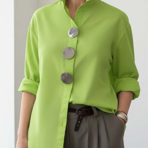 Women Plain Shirt Collar Long Sleeve Shirt Casual Daily Spring/Fall Top, JustFashionNow Blouses, color:Fluorescent Green|size:3XL