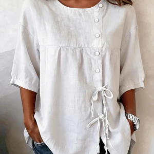 Women Plain Crew Neck Half Sleeve Shirt Vintage Daily Summer Top, JustFashionNow Shirts, color:White|size:5XL