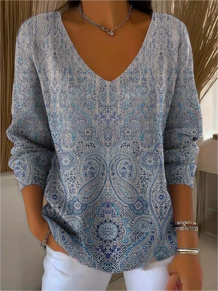 Women Abstract Long Sleeve Tee T-shirt V Neck Printing Casual Spring/Fall Top, JustFashionNow T-Shirts, color:Blue|size:4XL - Image 4