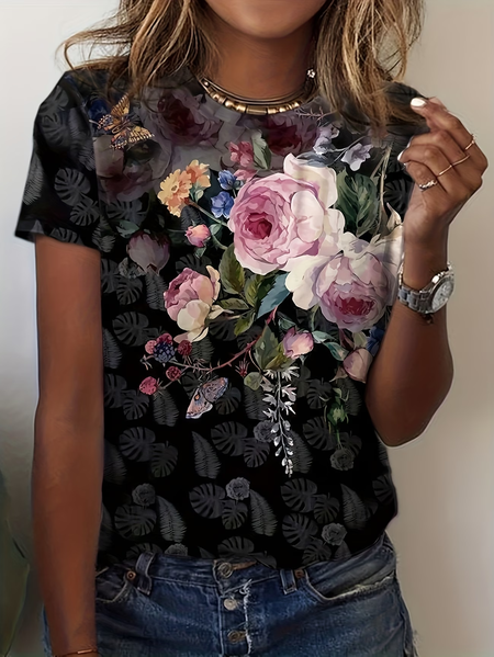 Women Floral Short Sleeve Tee T-shirt Crew Neck Printing Casual Graphic Tee Summer Top, JustFashionNow T-Shirts, color:Black|size:XXL - Image 3