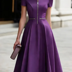 Elegant Plain Stand Collar Midi Dress, Midi Dresses, color:Purple|size:XXL, Stylewe