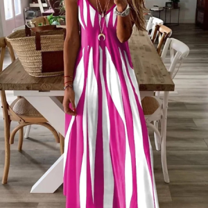 Women Abstract Stripes Sleeveless V Neck Printing Dress Daily Casual Maxi Slip Dress X-Line Summer Dress, JustFashionNow Casual Dresses, color:Rose Red|size:XXL
