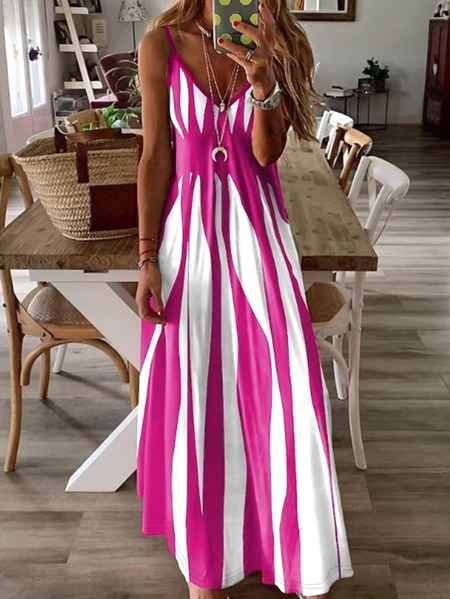 Women Abstract Stripes Sleeveless V Neck Printing Dress Daily Casual Maxi Slip Dress X-Line Summer Dress, JustFashionNow Casual Dresses, color:Rose Red|size:XXL