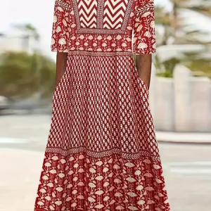 Women Abstract Graphic Short Sleeve Crew Neck Printing Dress Daily Casual Maxi Shift Dress H-Line Summer Dress, JustFashionNow Casual Dresses, color:Red|size:5XL