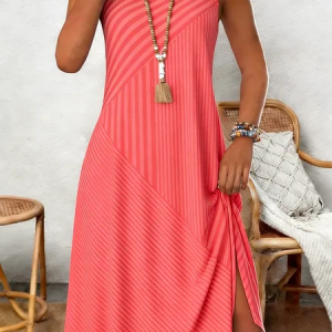 Women Striped Sleeveless Crew Neck Dress Holiday Casual Midi Tank A-Line Summer Dress, JustFashionNow Dresses, color:Watermelon|size:4XL