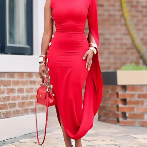 Elegant Plain Buttoned Crew Neck Midi Dress, Midi Dresses, color:Red|size:XXL, Stylewe