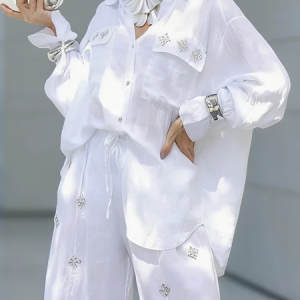 Casual Plain Shirt Collar Shirt, Blouses and Shirts, color:White|size:XXL, Stylewe