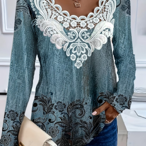 Women Floral Long Sleeve Tee T-shirt Crew Neck Printing Casual Graphic Tee Spring/Fall Top, JustFashionNow T-Shirts, color:Blue|size:4XL