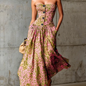 Vacation Leopard Printing Strapless Maxi Dress, Maxi Dresses, color:As Picture|size:XXL, Stylewe