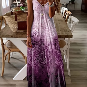 Women Abstract Sleeveless V Neck Printing Dress Daily Casual Maxi Slip Dress X-Line Summer Dress, JustFashionNow Casual Dresses, color:Purple|size:XXL