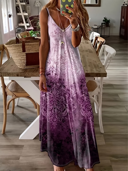 Women Abstract Sleeveless V Neck Printing Dress Daily Casual Maxi Slip Dress X-Line Summer Dress, JustFashionNow Casual Dresses, color:Purple|size:XXL