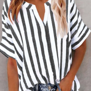 Women Striped V Neck Half Sleeve Shirt Split Joint Casual Daily Summer Top, JustFashionNow Blouses, color:Black|size:XXL