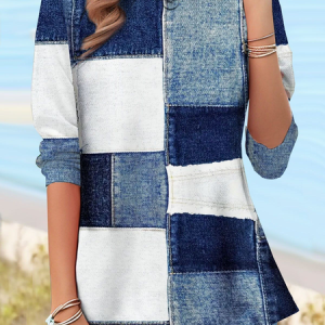 Women Faux Denim Print Graphic Long Sleeve Tee T-shirt Crew Neck Printing Casual Tunic Spring/Fall Top, JustFashionNow T-Shirts, color:Blue|size:XXL