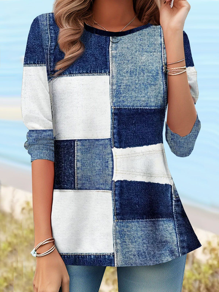 Women Faux Denim Print Graphic Long Sleeve Tee T-shirt Crew Neck Printing Casual Tunic Spring/Fall Top, JustFashionNow T-Shirts, color:Blue|size:XXL