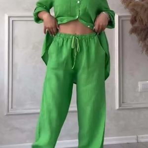 Women Plain Split Joint Two-Piece Set Daily Long Sleeve Casual Spring/Fall Top With Pants Matching Set, JustFashionNow Suit Set, color:Green|size:5XL