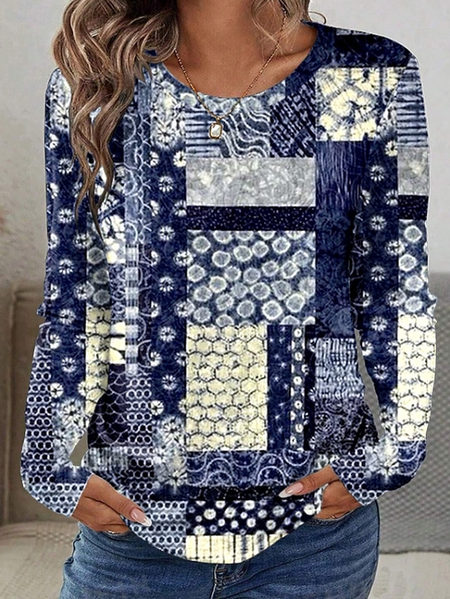 Women Abstract Long Sleeve Tee T-shirt Crew Neck Printing Casual Graphic Tee Spring/Fall Top, JustFashionNow T-Shirts, color:Blue|size:XXL - Image 3