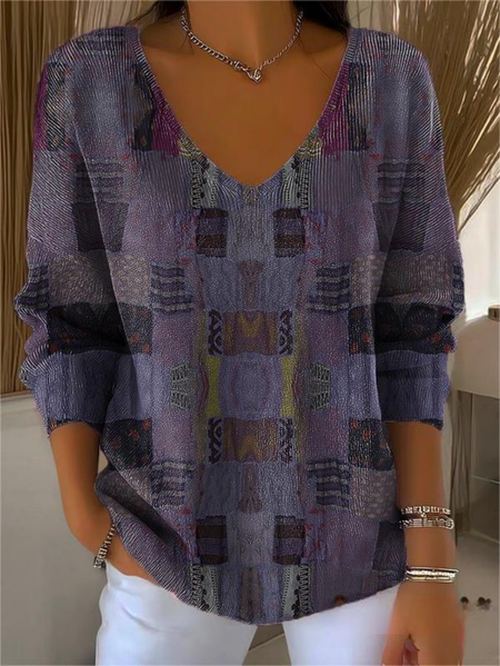 Women Abstract Long Sleeve Tee T-shirt V Neck Printing Casual Spring/Fall Top, JustFashionNow T-Shirts, color:Purple|size:4XL - Image 3