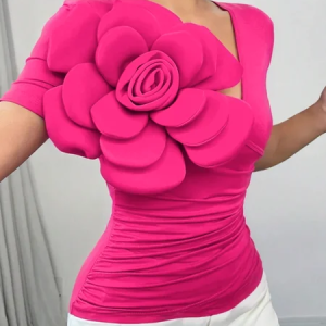 Urban Slim Fit 3D Floral V Neck T-shirt, Tees, color:Pink|size:XXL, Stylewe