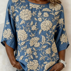Crew Neck Half Sleeve Floral Printing Regular Micro-Elasticity Regular Fit Blouse For Women, Blouses, color:Blue|size:5XL, catalog Noracora shop