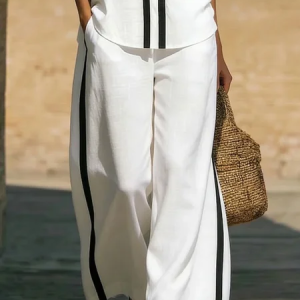 Cotton Casual Color Block Split Joint Wide Leg Pants, Pants, color:White|size:XXL, Stylewe