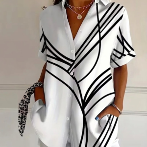 Women Abstract Shirt Collar Short Sleeve Shirt Printing Casual Daily Summer Top, JustFashionNow Shirts, color:White|size:XXL