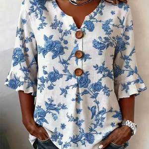 Women Floral V Neck Half Sleeve Blouse Printing Vintage Daily Summer Top, JustFashionNow Blouses, color:White|size:5XL