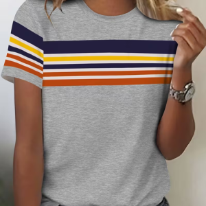 Women Striped Short Sleeve Tee T-shirt Crew Neck Printing Casual Graphic Tee Summer Top, JustFashionNow T-Shirts, color:Gray|size:XXL