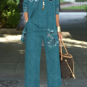Women Floral Printing Matching Outfit Daily Long Sleeve Casual Spring/Fall Multi-Piece Set Matching Set, JustFashionNow Suit Set, color:Cyan|size:XXL