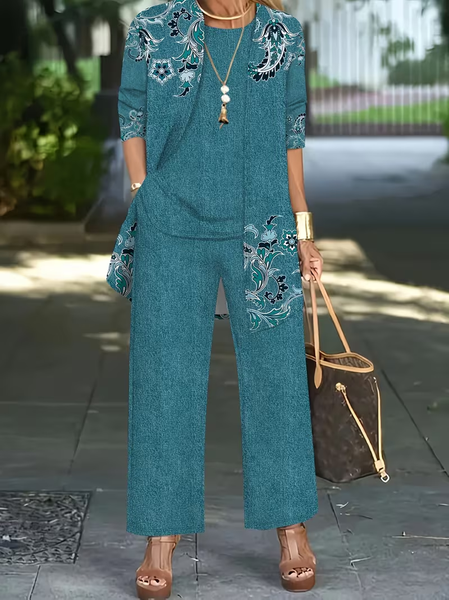 Women Floral Printing Matching Outfit Daily Long Sleeve Casual Spring/Fall Multi-Piece Set Matching Set, JustFashionNow Suit Set, color:Cyan|size:XXL