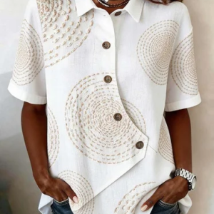 Women Plain Shawl Collar Short Sleeve Shirt Vintage Daily Summer Top, JustFashionNow Blouses, color:As Picture|size:3XL