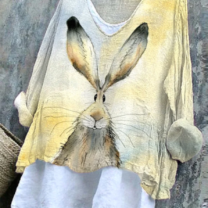 Women Easter (rabbit) V Neck Long Sleeve Blouse Printing Casual Daily Spring/Fall Top, JustFashionNow Blouses, color:Yellow|size:5XL