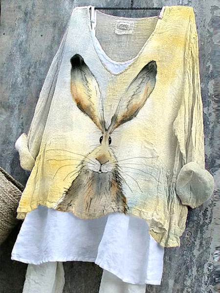 Women Easter (rabbit) V Neck Long Sleeve Blouse Printing Casual Daily Spring/Fall Top, JustFashionNow Blouses, color:Yellow|size:5XL