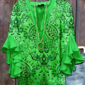 Women Floral V Neck Half Sleeve Shirt Printing Casual Daily Summer Top, JustFashionNow Shirts, color:Green|size:5XL