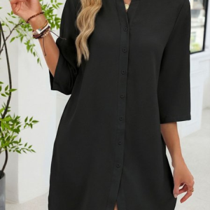 Women Plain Half Sleeve V Neck Split Joint Dress Daily Casual Midi Shirt Dress A-Line Summer Dress, JustFashionNow Dresses, color:Black|size:XXL
