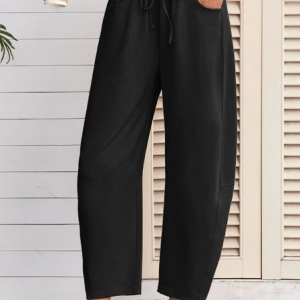 Women Plain Long Elastic Waist Pants Casual Spring/Fall Trousers, JustFashionNow Pants, color:Black|size:XXL