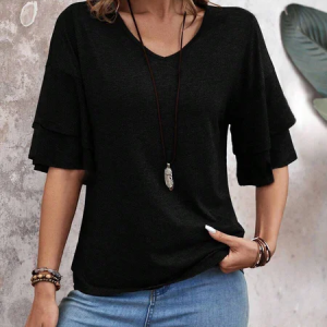 Women Plain Short Sleeve Tee T-shirt V Neck Split Joint Casual Summer Top, JustFashionNow T-Shirts, color:Black|size:XXL