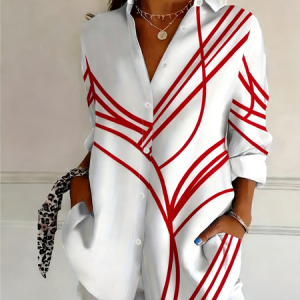 Women Abstract Long Sleeve Shirt Spring/Fall Buckle Shirt Collar Regular Sleeve Daily Casual Top, JustFashionNow Shirts, color:Pink|size:XXL