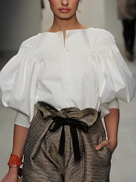 Regular Fit Urban Boat Neck Plain Blouse, Blouses and Shirts, color:White|size:XXL, Stylewe