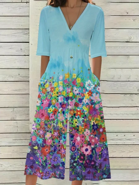 Women Floral V Neck Half Sleeve Casual Summer Jumpsuit, JustFashionNow Jumpsuits&Rompers, color:Blue|size:4XL - Image 2