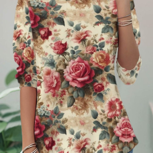 Women Floral Long Sleeve Tee T-shirt Crew Neck Printing Casual Tunic Spring/Fall Top, JustFashionNow T-Shirts, color:Apricot|size:XXL