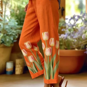 Women Floral Long Pants Casual Spring/Fall Trousers, JustFashionNow Pants, color:Orange|size:4XL