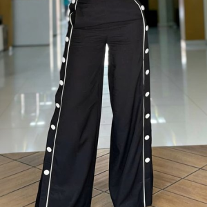 Casual Color Block Buttoned Wide Leg Pants, Pants, color:Black|size:XXL, Stylewe