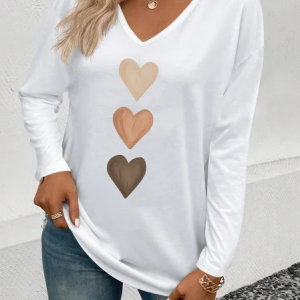 Women Heart/Cordate Long Sleeve Tee T-shirt V Neck Casual Spring/Fall Top, JustFashionNow T-Shirts, color:White|size:XXL