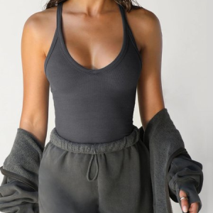 Women Sleeveless Tank Top Camisole Summer Plain Buckle U-Neck Daily Street Top, JustFashionNow Tanks & Camis, color:Deep Gray|size:XL