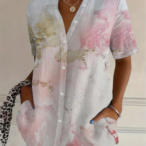 Women Abstract Shirt Collar Short Sleeve Shirt Printing Casual Daily Summer Top, JustFashionNow Shirts, color:As Picture|size:5XL